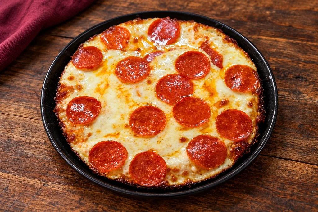 Cuban pepperoni pizza with melted cheese to the edge on a black serving pan
